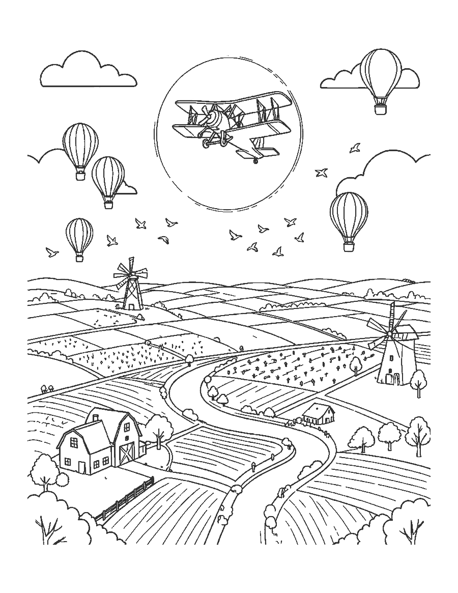 Line drawing of a biplane looping over patchwork farm fields with a barn and balloons