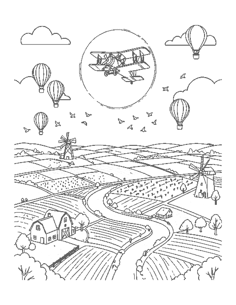 Line drawing of a biplane looping over patchwork farm fields with a barn and balloons