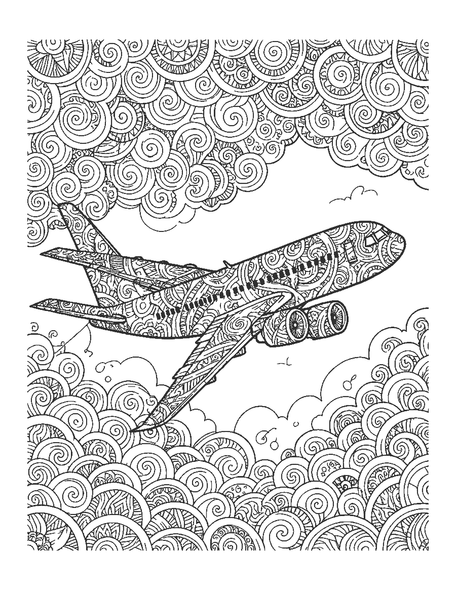 Line drawing of a jet filled with doodle patterns above decorative scalloped clouds