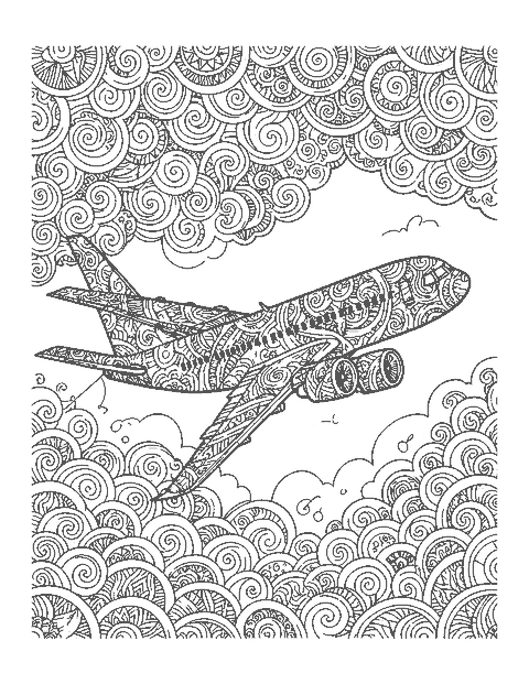 Line drawing of a jet filled with doodle patterns above decorative scalloped clouds