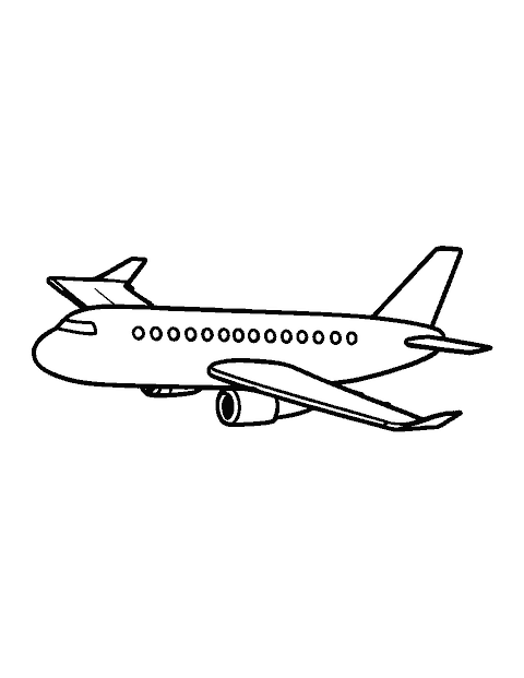 Line drawing of a passenger jet with round windows, swept wings and two engines