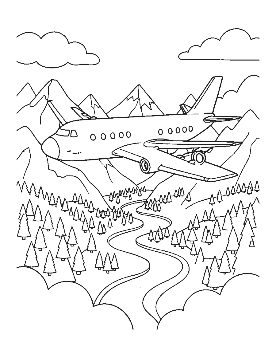 Line drawing of a jet plane soaring over snowy mountain peaks, pine forests and a river valley
