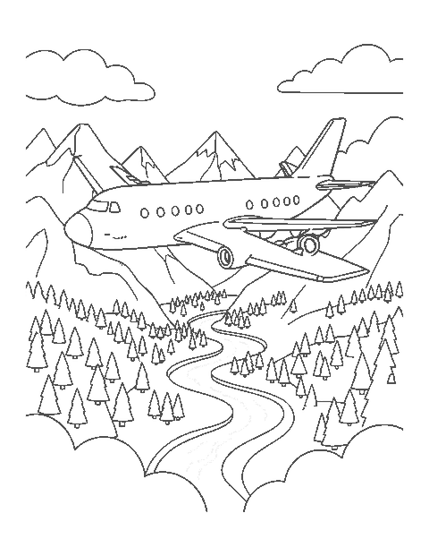 Line drawing of a jet plane soaring over snowy mountain peaks, pine forests and a river valley