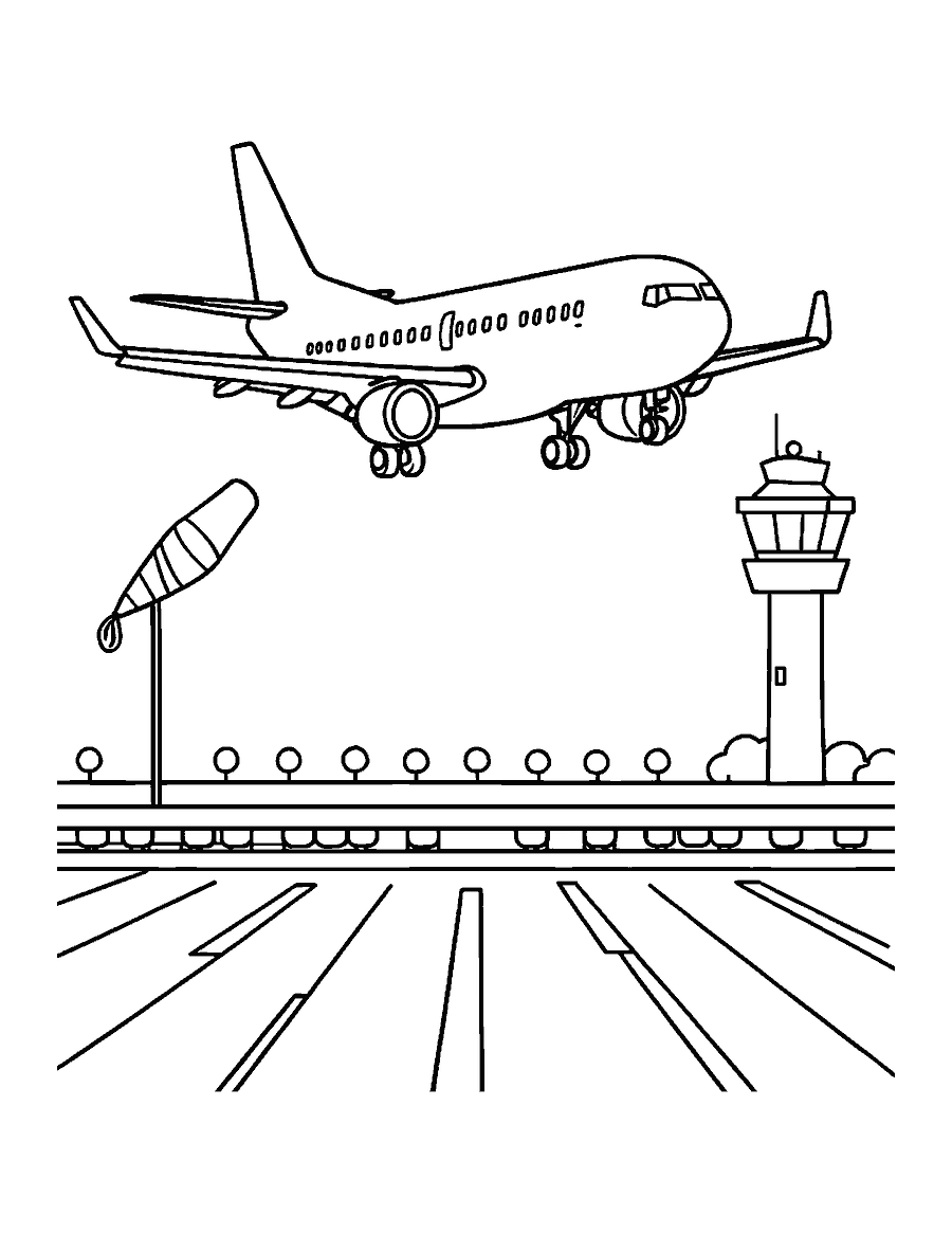 Line drawing of a passenger plane taking off with a control tower and windsock