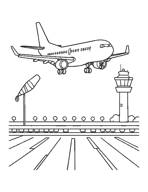 Line drawing of a passenger plane taking off with a control tower and windsock