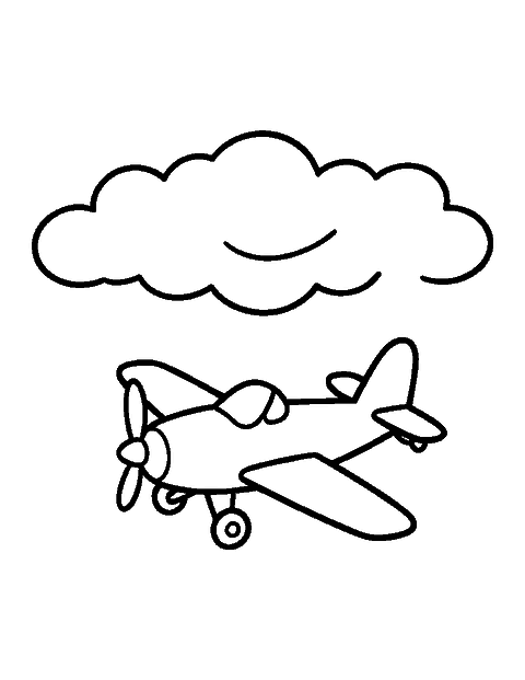 Line drawing of a small propeller plane flying past a puffy cloud