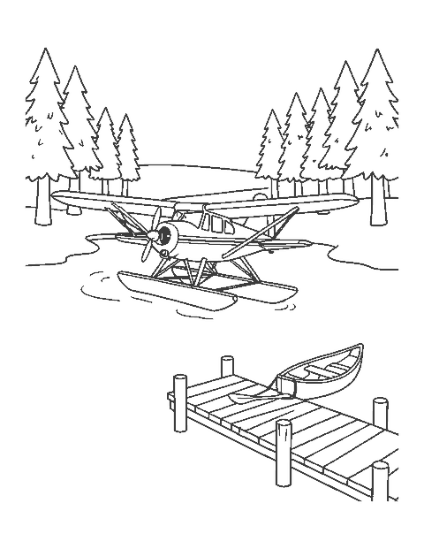 Line drawing of a seaplane with floats landing on a lake beside a dock and pines