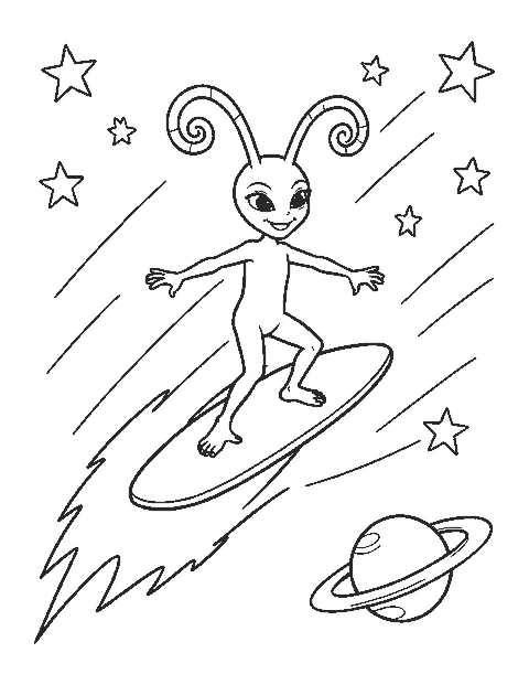 Line drawing of an alien riding a comet like a surfboard past a ringed planet