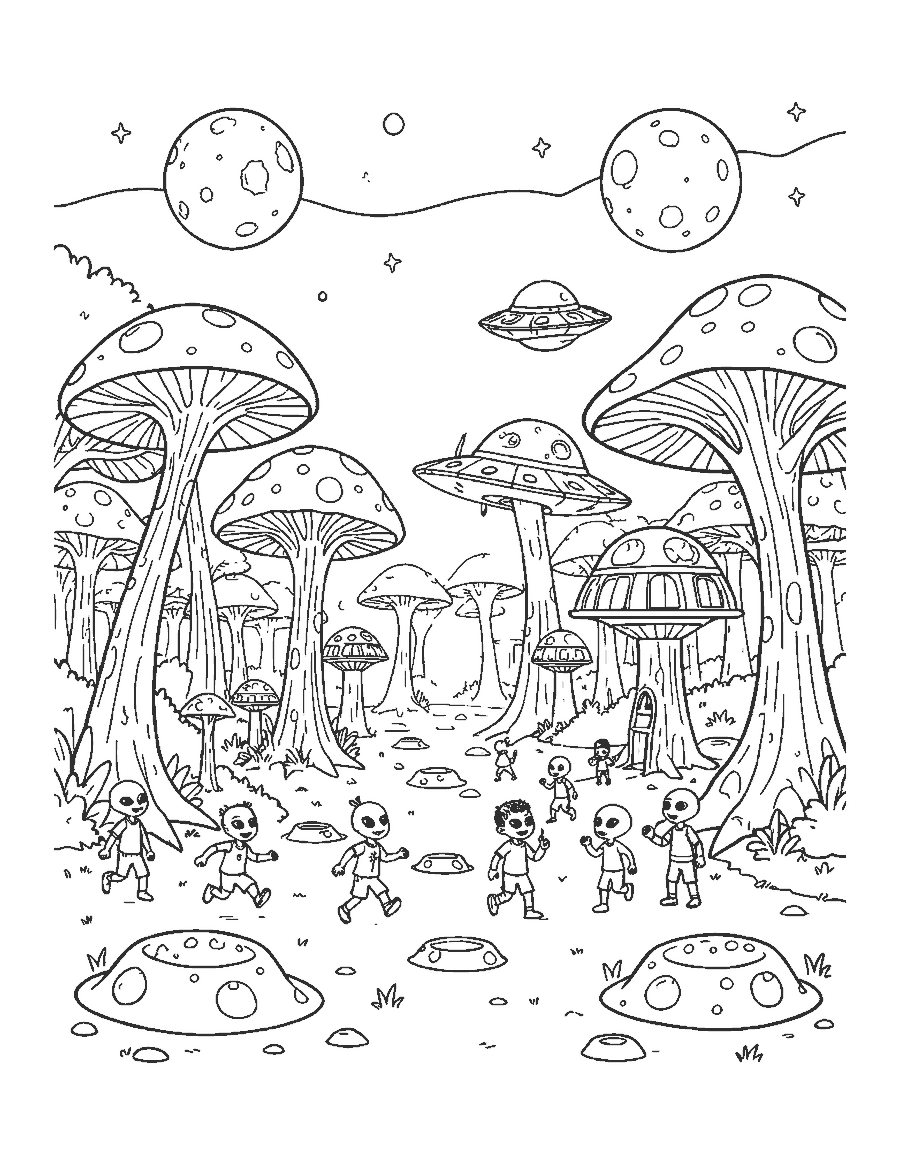 Line drawing of an alien village with dome houses, mushroom trees and a flying saucer