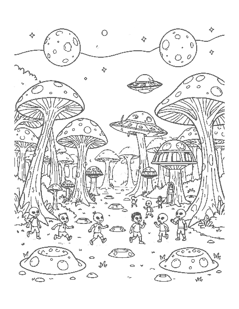 Line drawing of an alien village with dome houses, mushroom trees and a flying saucer