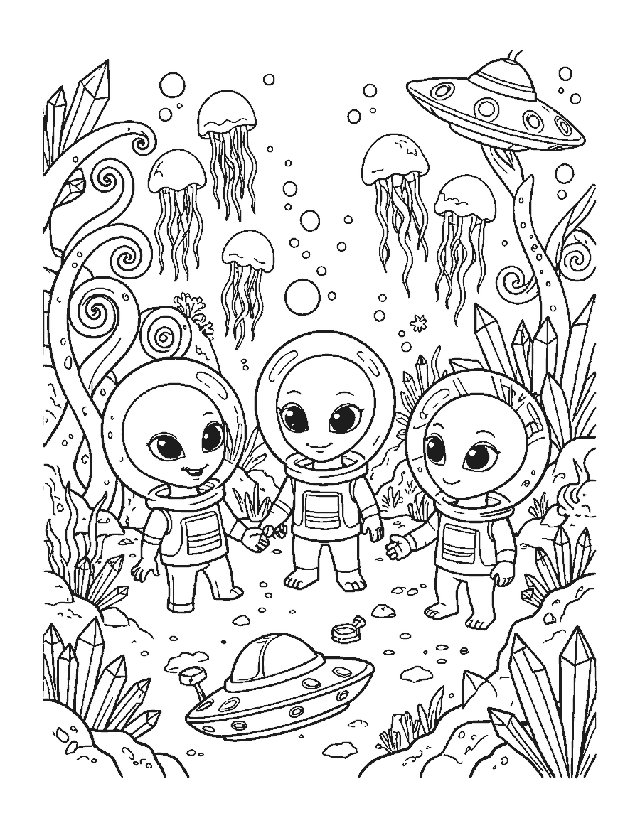 Line drawing of three aliens in bubble helmets exploring a strange underwater world