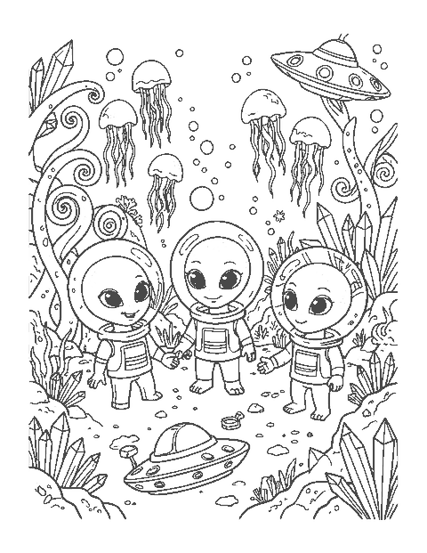 Line drawing of three aliens in bubble helmets exploring a strange underwater world