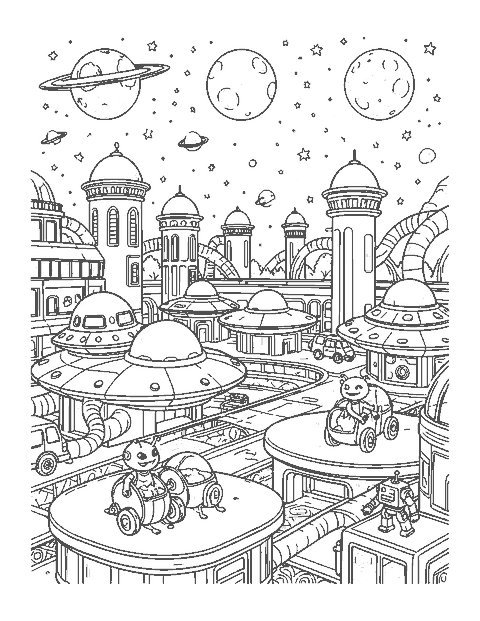 Line drawing of a busy alien spaceport with landing saucers, towers and three moons