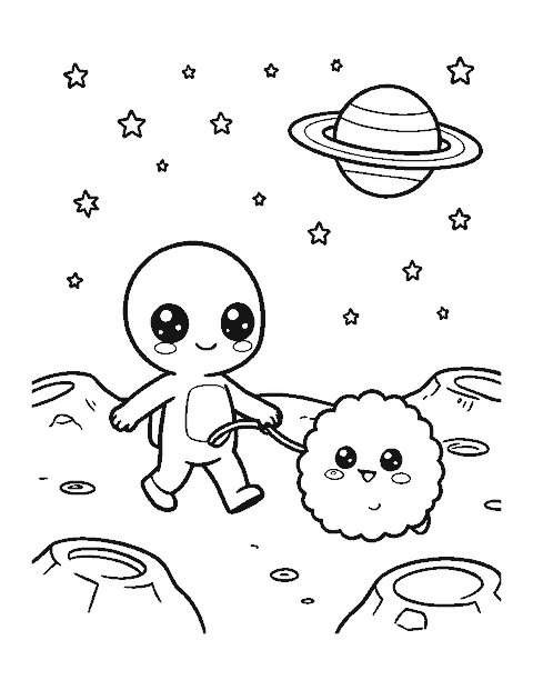 Line drawing of a cute four-armed alien walking a fluffy pet blob on a leash