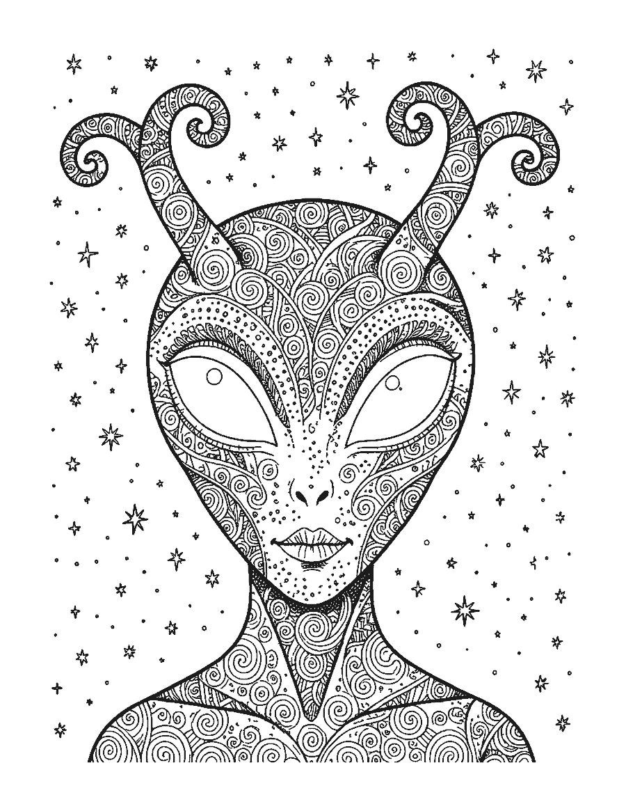 Line drawing of a friendly alien face filled with doodle dots, swirls and stars
