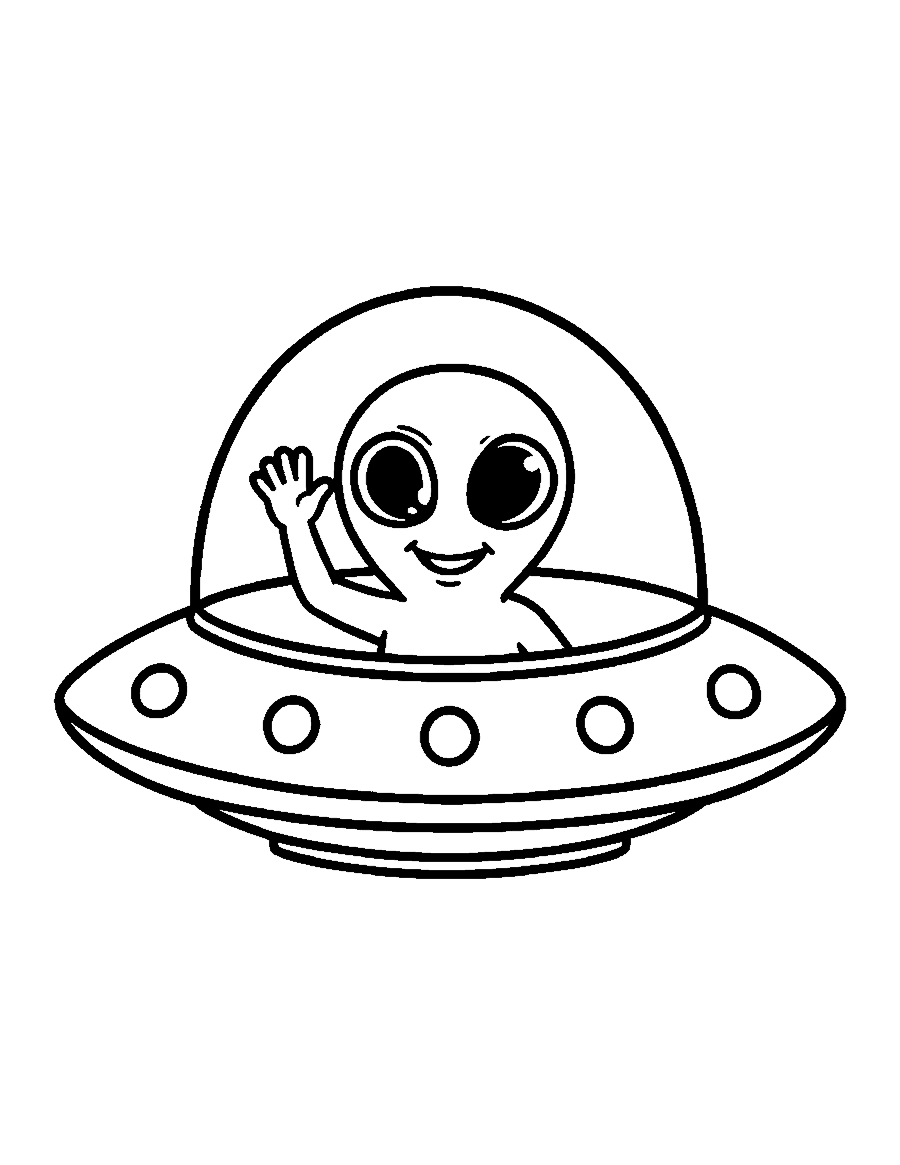 Line drawing of a smiling alien waving from the dome of a flying saucer