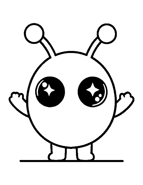 Line drawing of a cute round alien with big eyes and two springy antennae