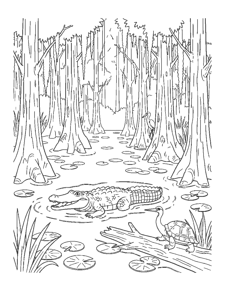 Line drawing of an alligator swimming in a cypress swamp with a heron and a turtle