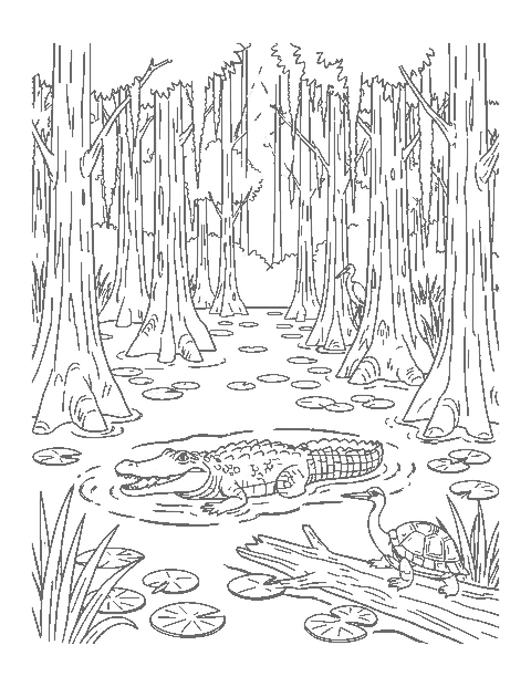 Line drawing of an alligator swimming in a cypress swamp with a heron and a turtle