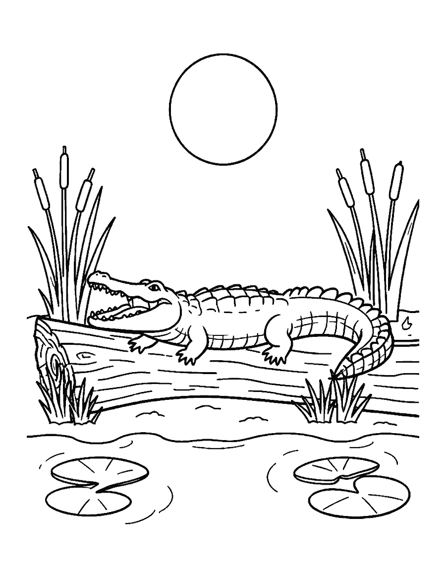 Line drawing of an alligator with open jaws lying on a log beside a turtle on a rock