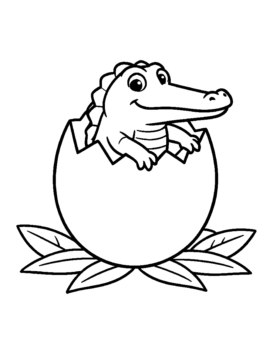 Line drawing of a baby alligator hatching from a cracked egg on a pile of leaves