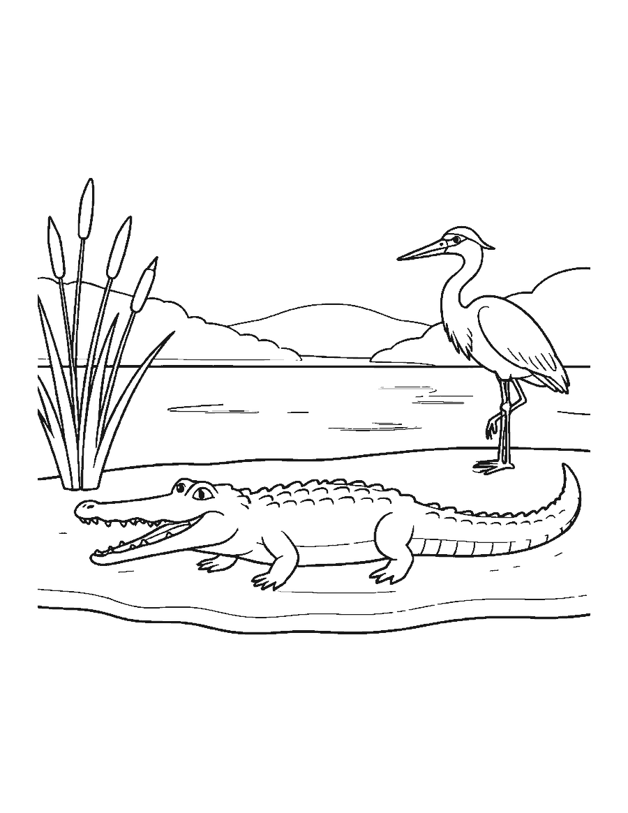 Line drawing of a crocodile with a long pointed snout on a sandy riverbank near a heron