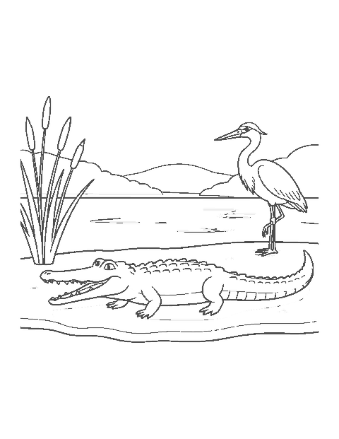 Line drawing of a crocodile with a long pointed snout on a sandy riverbank near a heron