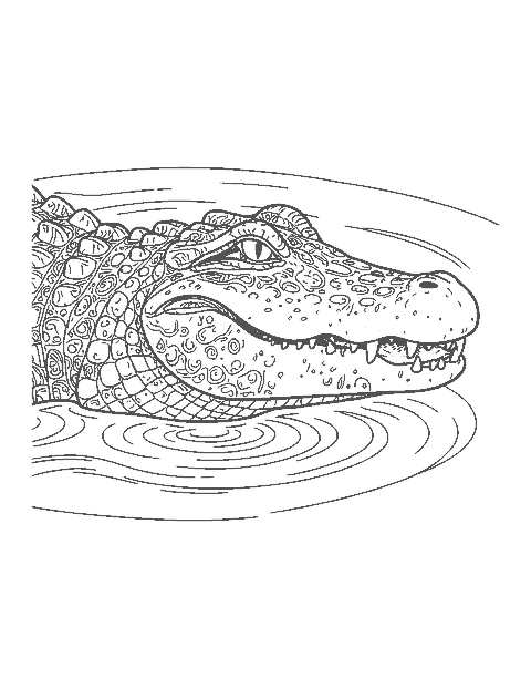 Line drawing close-up of an alligator's head with bumpy scales at the water's surface