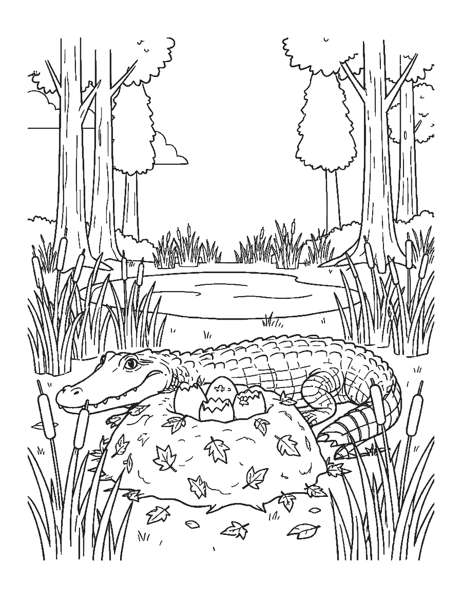 Line drawing of a mother alligator beside her nest mound as two babies hatch