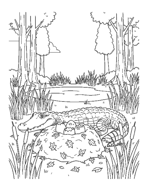 Line drawing of a mother alligator beside her nest mound as two babies hatch