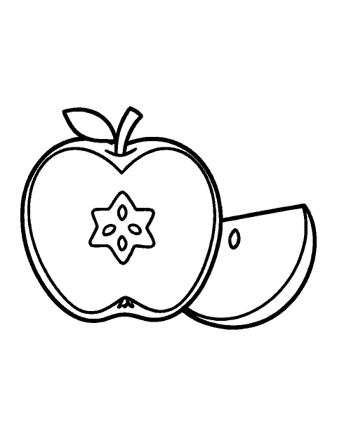 Line drawing of an apple cut in half showing its star-shaped core and seeds