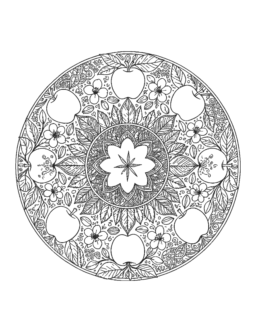Line drawing of a round apple mandala with blossoms, leaves, whole apples and seeds