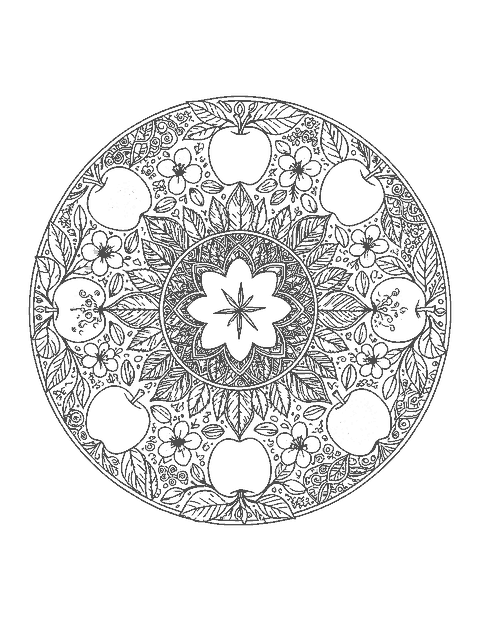 Line drawing of a round apple mandala with blossoms, leaves, whole apples and seeds
