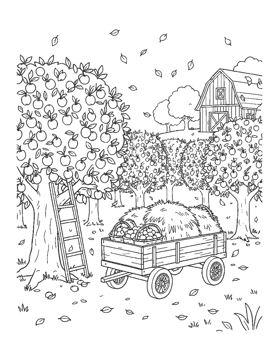 Line drawing of an apple orchard with a hay wagon of apple baskets, a ladder and a barn