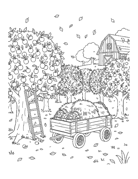 Line drawing of an apple orchard with a hay wagon of apple baskets, a ladder and a barn