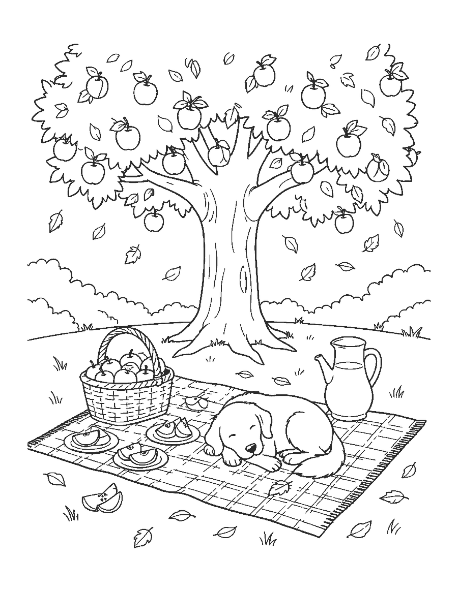 Line drawing of a picnic blanket under an apple tree with apples, cider and a napping dog
