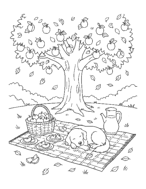 Line drawing of a picnic blanket under an apple tree with apples, cider and a napping dog