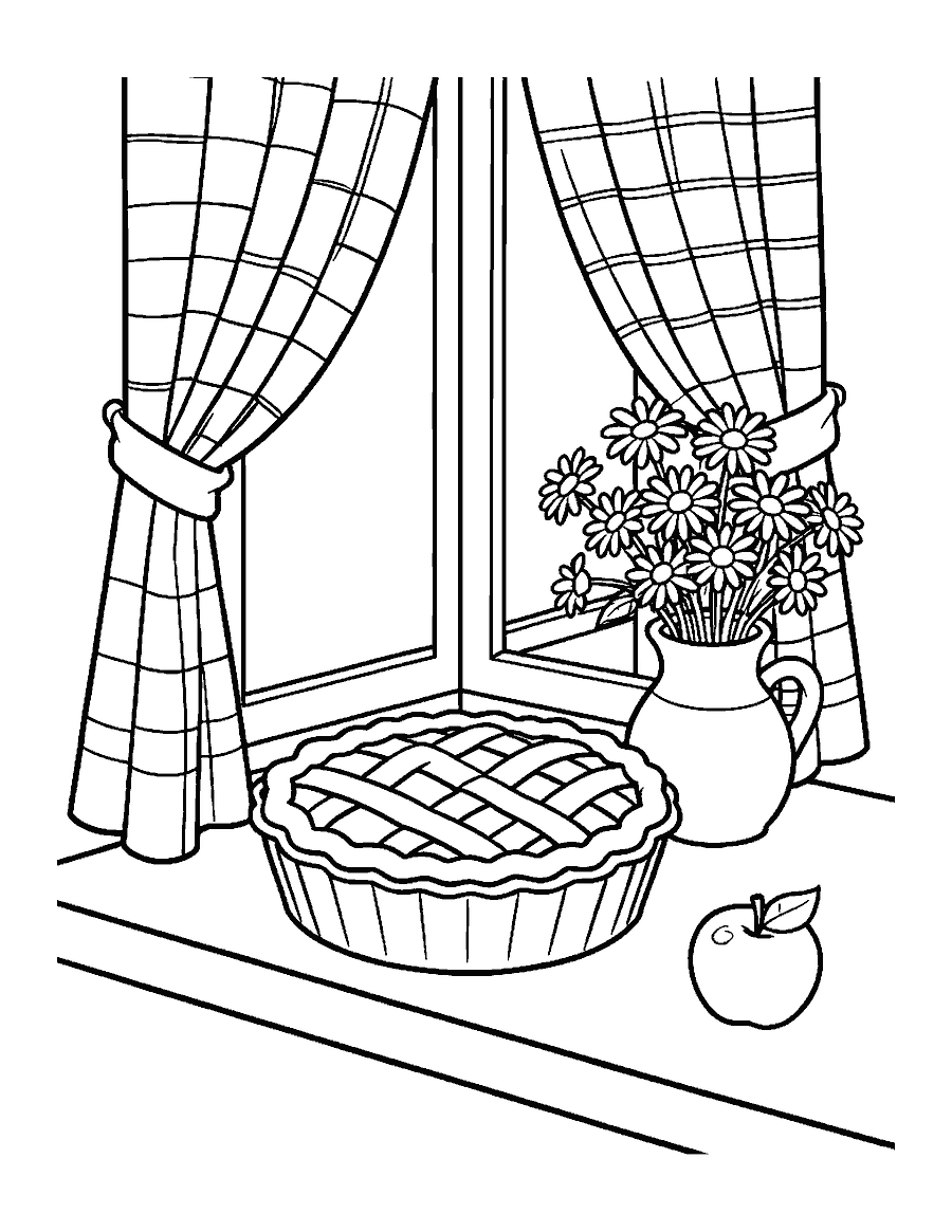 Line drawing of a lattice apple pie on a windowsill with apples, a rolling pin and curtains