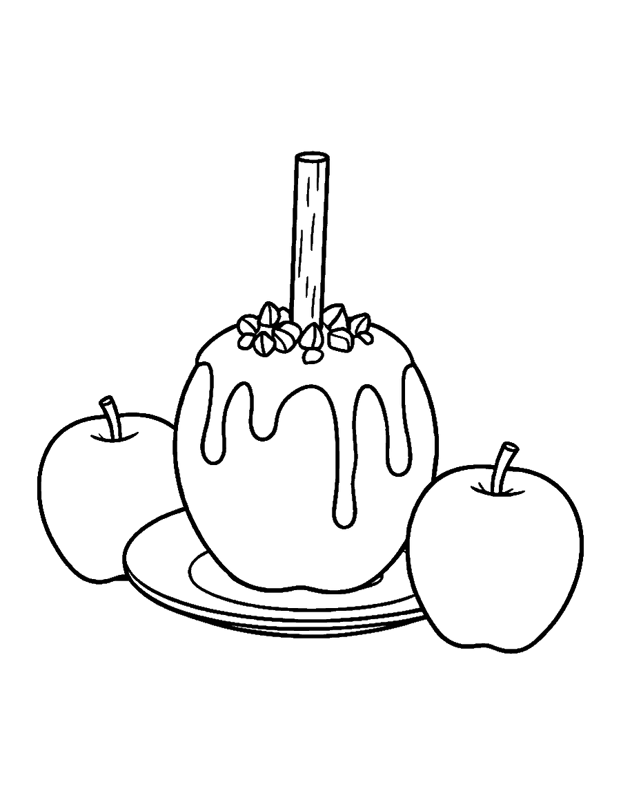 Line drawing of a caramel apple on a stick with drips and nuts beside two apples