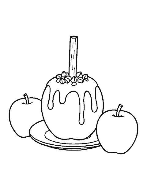 Line drawing of a caramel apple on a stick with drips and nuts beside two apples