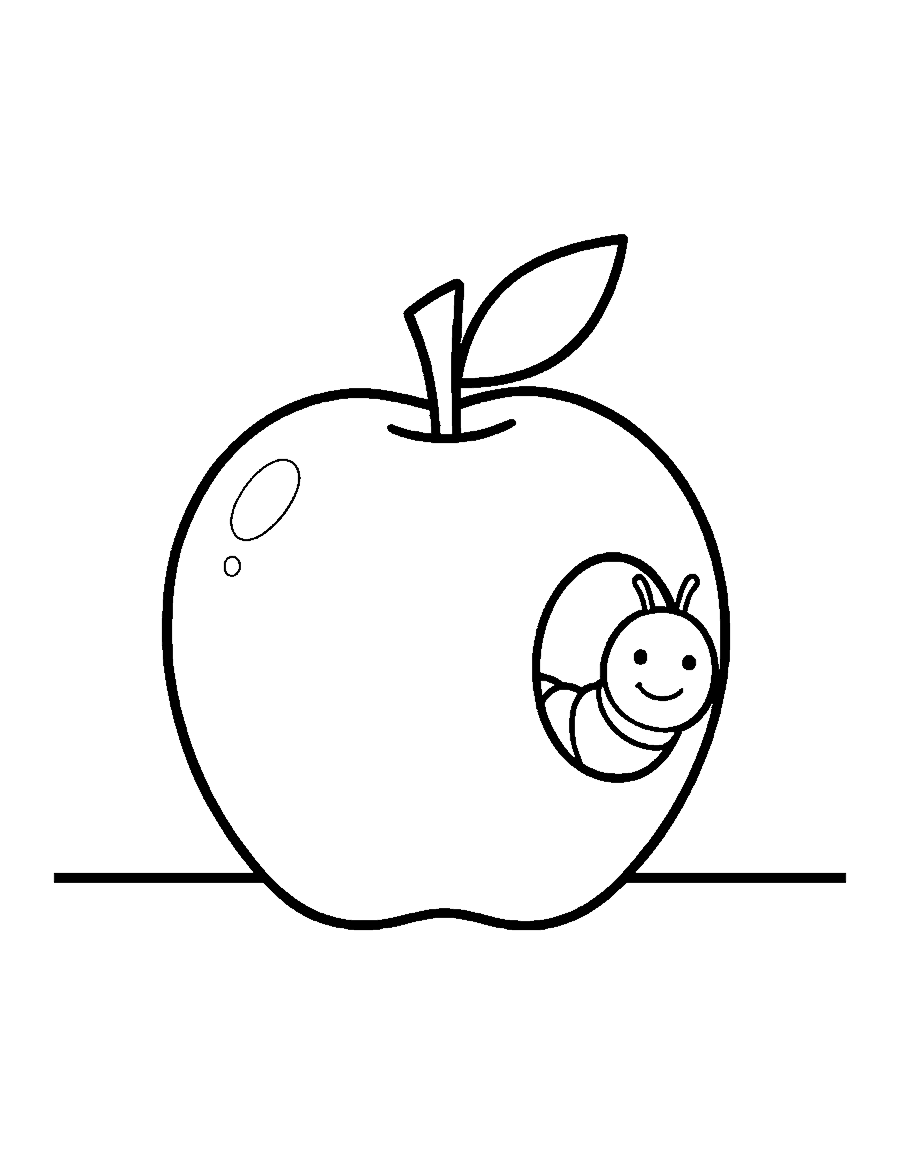Line drawing of a smiling worm poking out of a hole in a big round apple