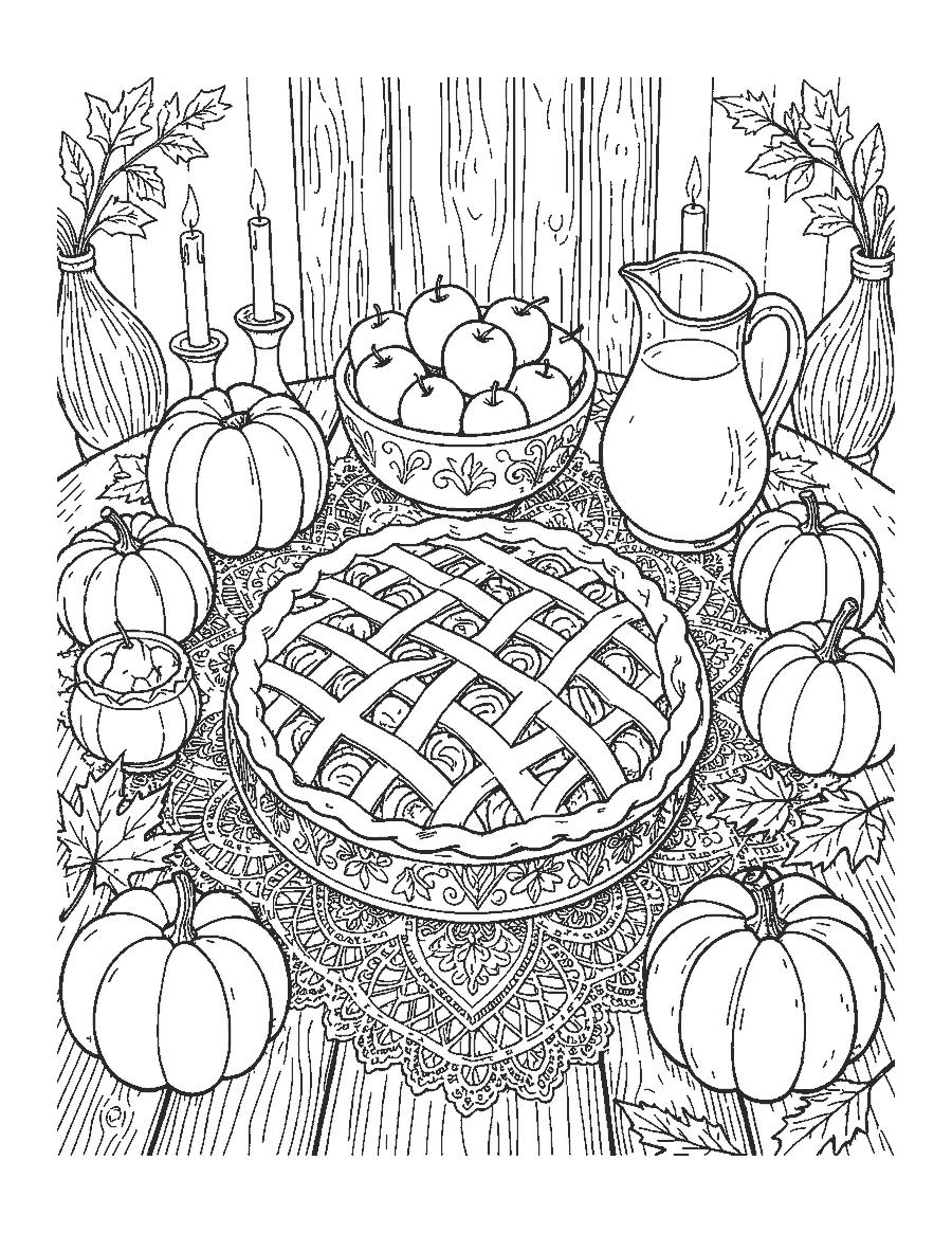 Line drawing of a harvest table with an apple pie, apples, cider, small pumpkins and candles