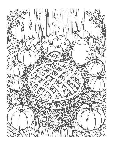 Line drawing of a harvest table with an apple pie, apples, cider, small pumpkins and candles
