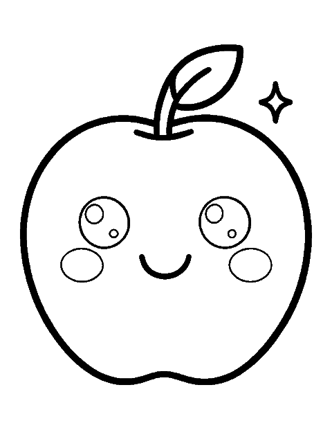 Line drawing of a cute smiling kawaii apple with a short stem and one leaf