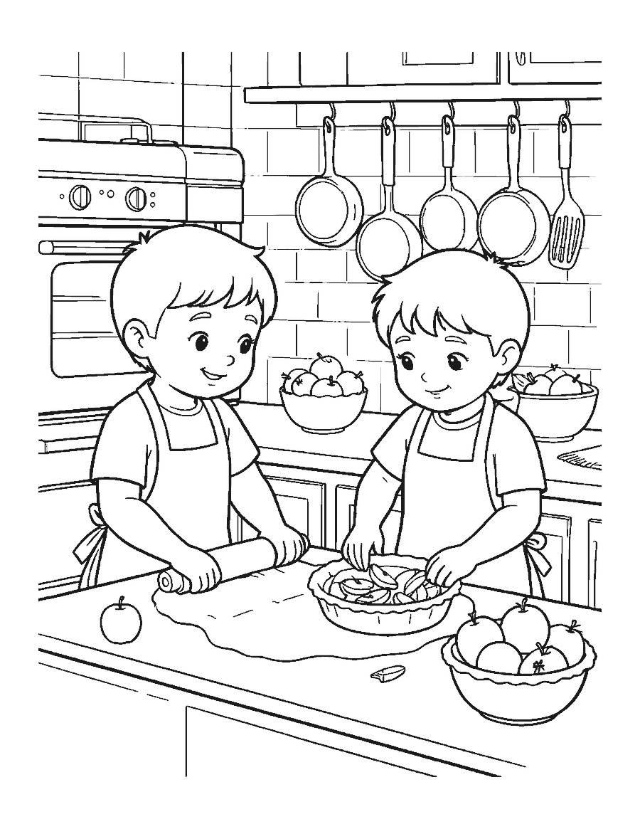 Line drawing of two children making an apple pie at a kitchen counter