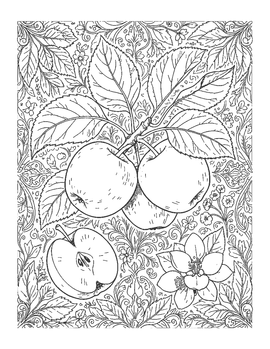 Line drawing of a realistic apple branch with ripe apples, veined leaves, a sliced half and blossoms