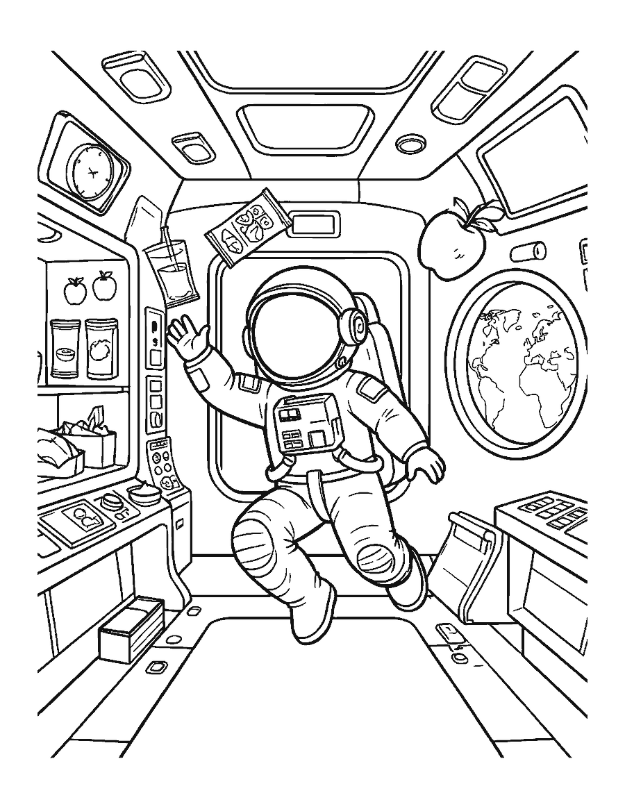 Line drawing of an astronaut catching floating food inside a spacecraft cabin