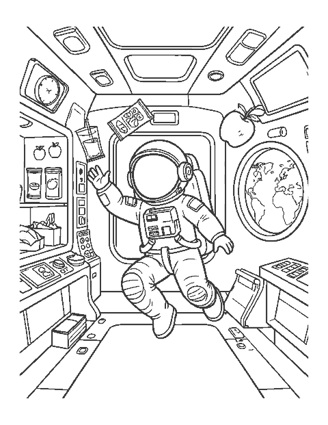 Line drawing of an astronaut catching floating food inside a spacecraft cabin