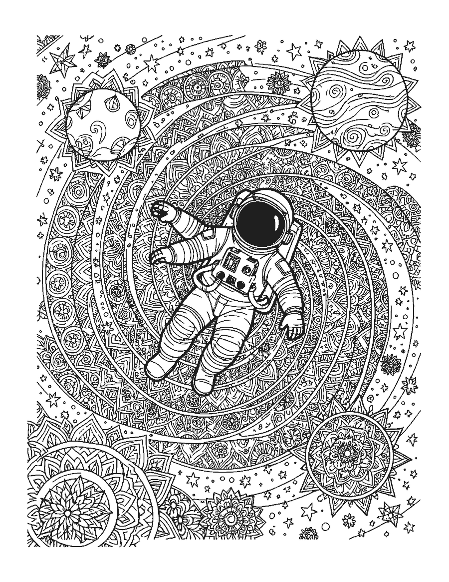 Line drawing of an astronaut floating among planets and stars filled with patterns