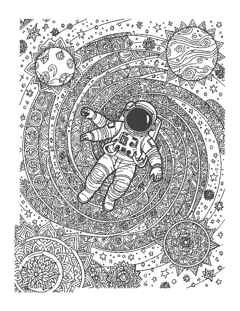 Line drawing of an astronaut floating among planets and stars filled with patterns